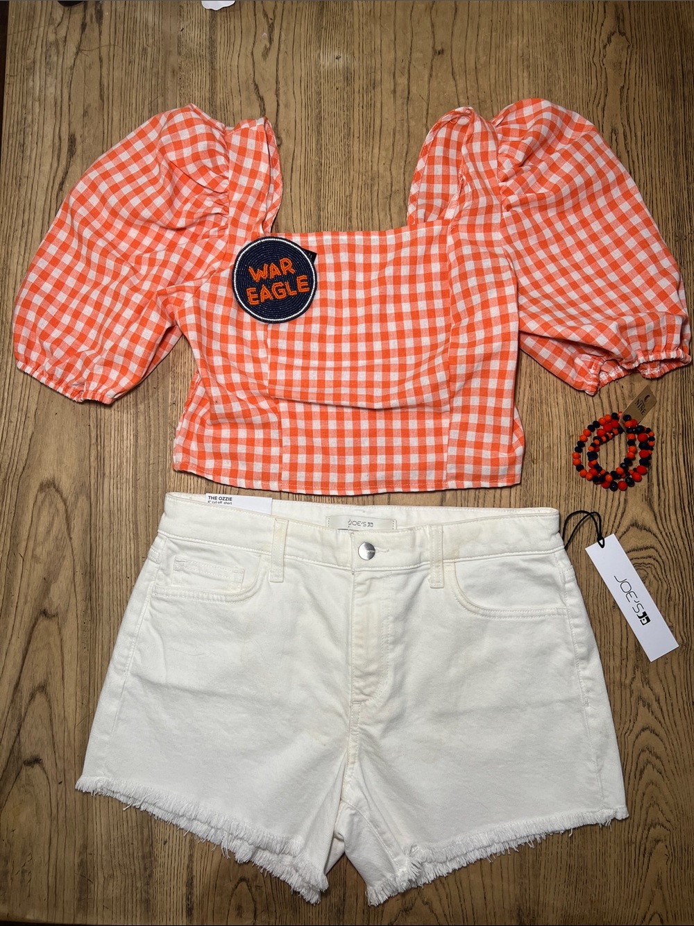 Orange Gingham Puff Sleeve Crop Top with Patch Auburn Tigers War Eagle Rush SML